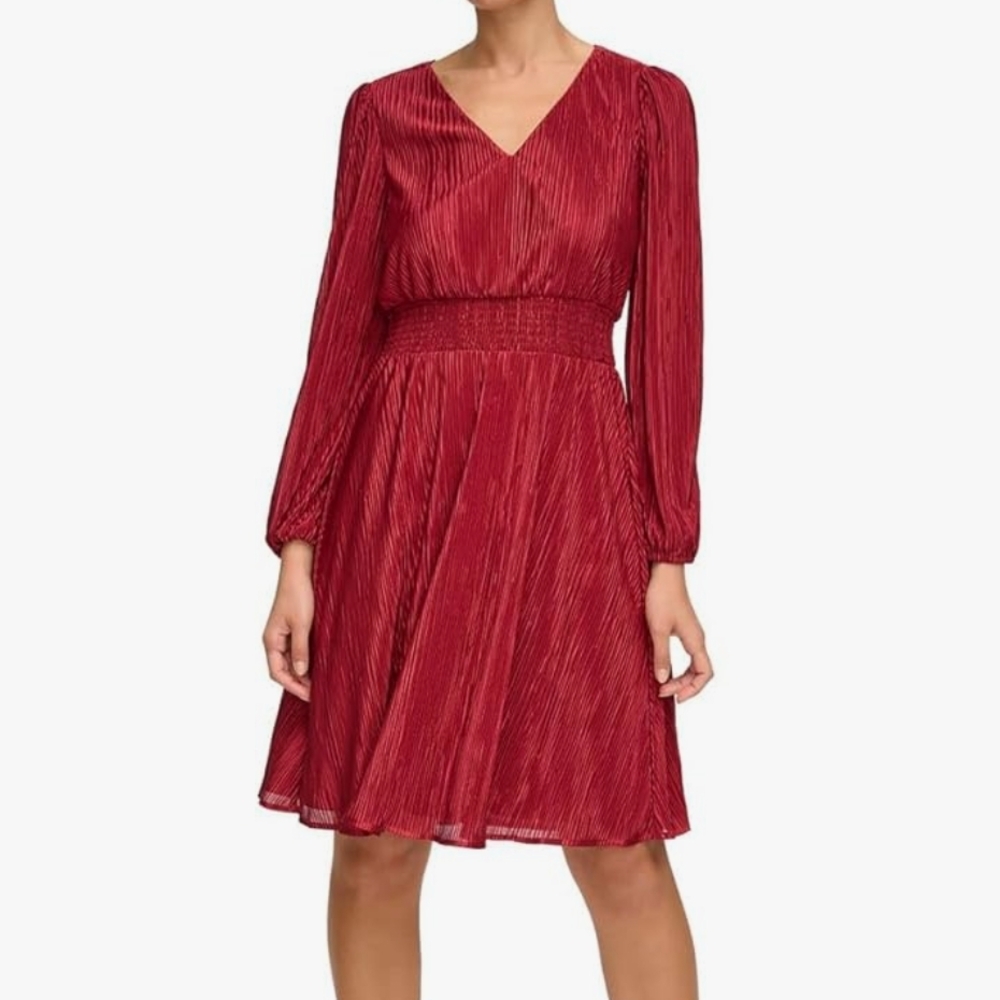 KENSIE DRESSES Burgundy Red Smocked Waist Fit and Flair Dress SIZE 10